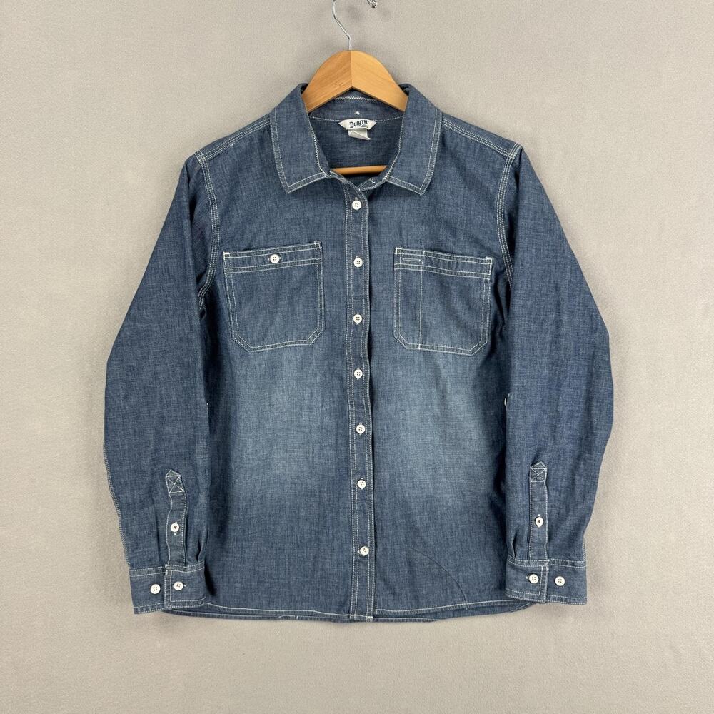 Duluth Trading Co Shirt Mens Large Blue Denim Chambray Long Sleeve Button Up